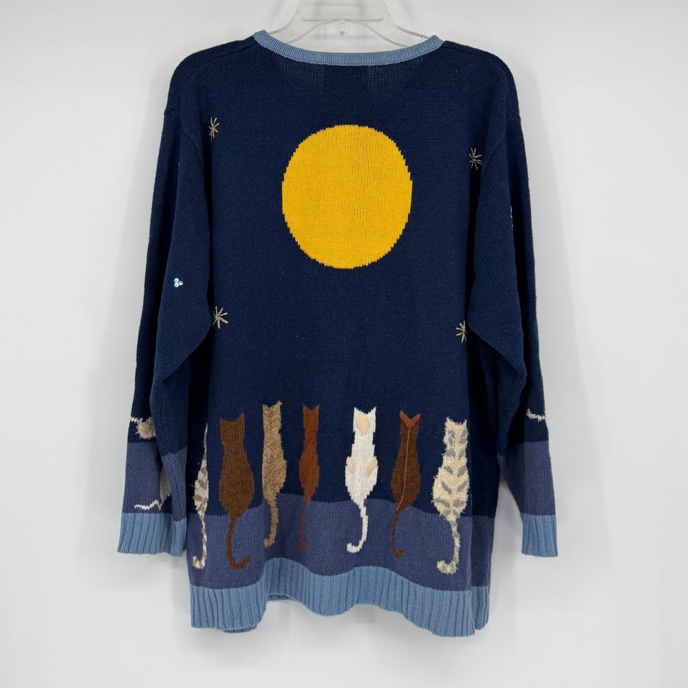 Vintage Quacker Factory Cat Moon Cardigan 1X Zip Novelty Sweater Ramie